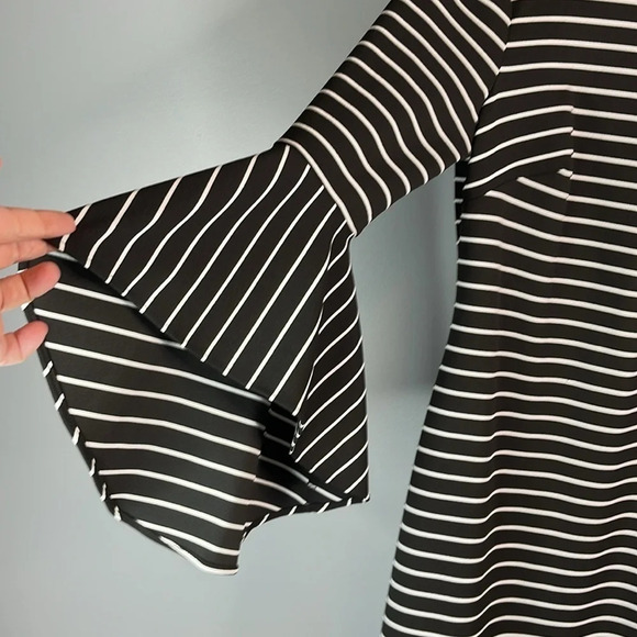 CALVIN KLEIN Striped Midi Dress Black White Ruffled Bell Sleeves Size 10 - Picture 5 of 12